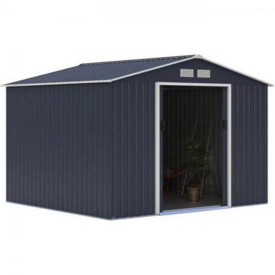 Abri de jardin en métal 7,06 m² - 277 x 255 x 202 cm - MERCURE - Kit d'ancrage inclus, 2 portes coulissantes - Gris