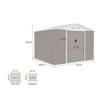 Abri de jardin en métal 7,06 m - 277 x 255 x 202 cm - MERCURE - Kit d'ancrage inclus, 2 portes coulissantes - Taupe