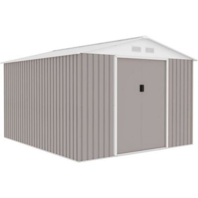 Abri de jardin en métal 8,84 m² - 277 x 319 x 202 cm - URANUS - Kit d'ancrage inclus, 2 portes coulissantes - Taupe