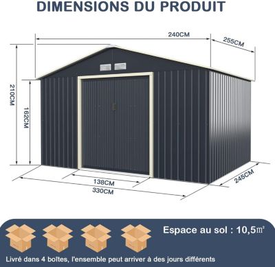 Abri de Jardin en Métal 9 m2 Cabine de Jardin Extérieur avec Portes Coulissantes pour Rangement à Outils 330 x 255 x 210 cm Gris