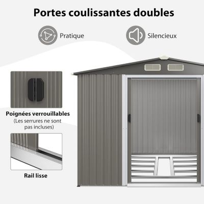 Abri de Jardin en Métal avec Base 5 m2 avec Portes Coulissantes Rangement à Outils 260 x 207 x 181cmToit Gris Foncé