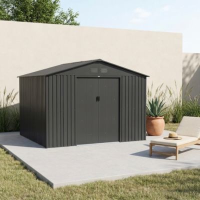 Abri de jardin en métal - Boulonnais - 10.85m² gris anthracite et blanc - Cabane à outils avec deux portes coulissantes. kit de