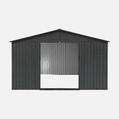 Abri de jardin en métal - Boulonnais - 10.85m² gris anthracite et blanc - Cabane à outils avec deux portes coulissantes. kit de