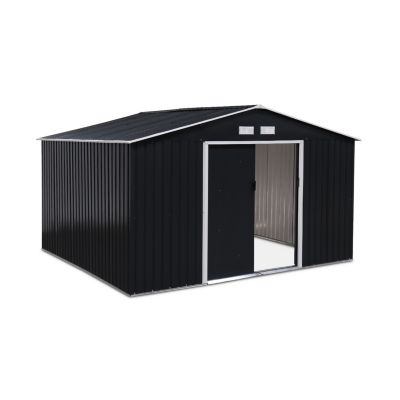Abri de jardin en métal - Boulonnais - 10.85m² gris anthracite et blanc - Cabane à outils avec deux portes coulissantes. kit de
