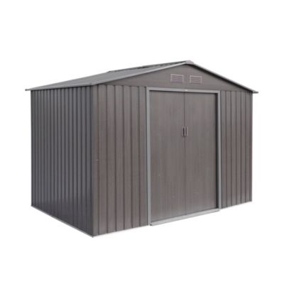 Abri de jardin en métal - FERRAIN 5.29m² bois grisé - Cabane à outils avec deux grandes portes coulissantes. kit de fixation sol