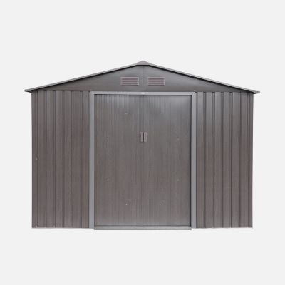 Abri de jardin en métal - FERRAIN 5.29m² bois grisé - Cabane à outils avec deux grandes portes coulissantes. kit de fixation sol