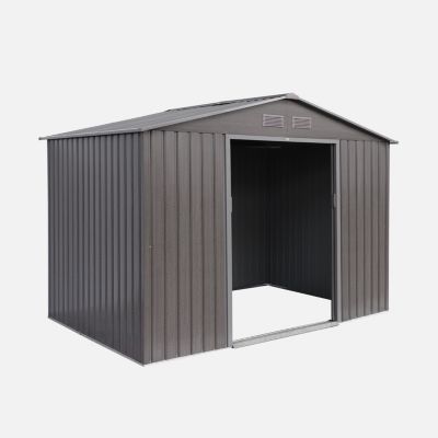 Abri de jardin en métal - FERRAIN 5.29m² bois grisé - Cabane à outils avec deux grandes portes coulissantes. kit de fixation sol