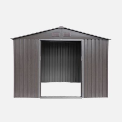 Abri de jardin en métal - FERRAIN 5.29m² bois grisé - Cabane à outils avec deux grandes portes coulissantes. kit de fixation sol