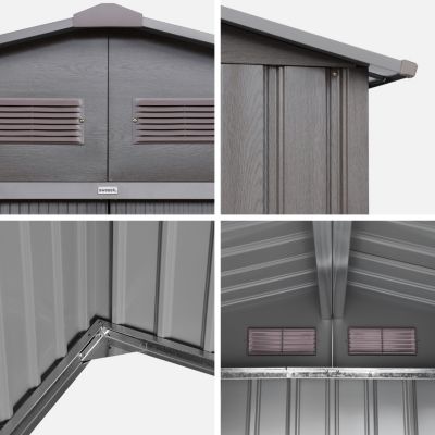 Abri de jardin en métal - FERRAIN 5.29m² bois grisé - Cabane à outils avec deux grandes portes coulissantes. kit de fixation sol