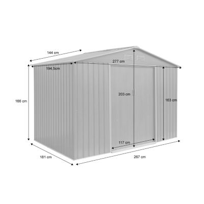 Abri de jardin en métal - FERRAIN 5.29m² bois grisé - Cabane à outils avec deux grandes portes coulissantes. kit de fixation sol