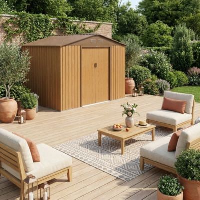 Abri de jardin en métal - FERRAIN 5.29m² couleur chêne - Cabane à outils avec deux grandes portes coulissantes. kit de fixation