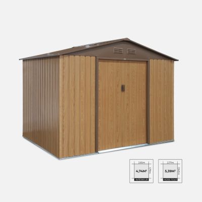 Abri de jardin en métal - FERRAIN 5.29m² couleur chêne - Cabane à outils avec deux grandes portes coulissantes. kit de fixation