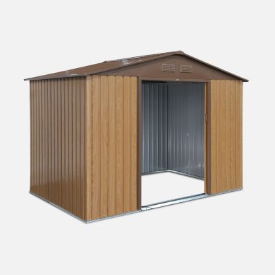 Abri de jardin en métal - FERRAIN 5.29m² couleur chêne - Cabane à outils avec deux grandes portes coulissantes. kit de fixation