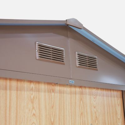 Abri de jardin en métal - FERRAIN 5.29m² couleur chêne - Cabane à outils avec deux grandes portes coulissantes. kit de fixation