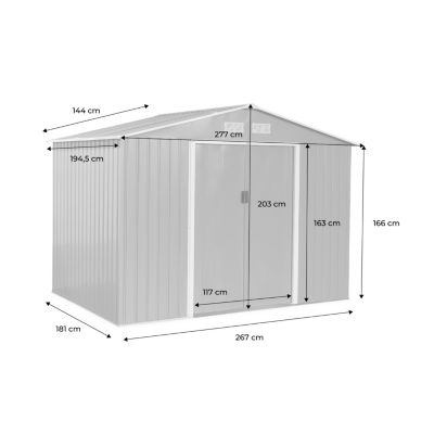 Abri de jardin en métal - FERRAIN 5.29m² couleur chêne - Cabane à outils avec deux grandes portes coulissantes. kit de fixation