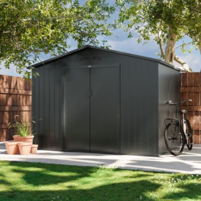 Abri de jardin en métal - FERRAIN 5.29m² gris anthracite - Cabane à outils avec deux grandes portes coulissantes. kit de fixation