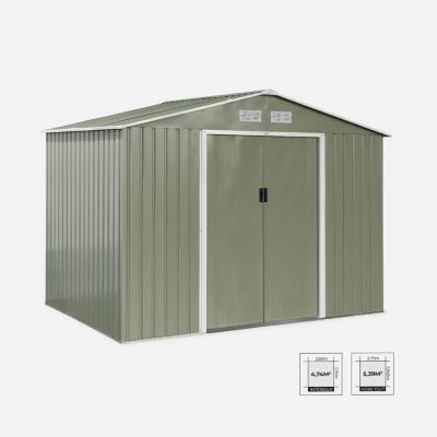 Abri de jardin en métal - FERRAIN 5.29m² vert et blanc - Cabane à outils avec deux grandes portes coulissantes. kit de fixation