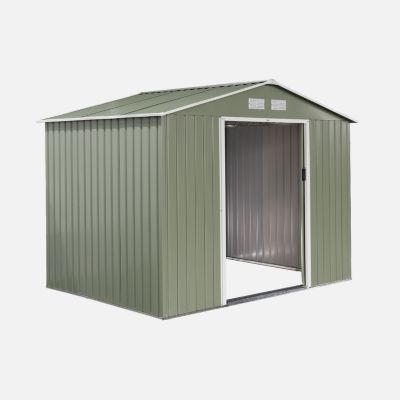 Abri de jardin en métal - FERRAIN 5.29m² vert et blanc - Cabane à outils avec deux grandes portes coulissantes. kit de fixation