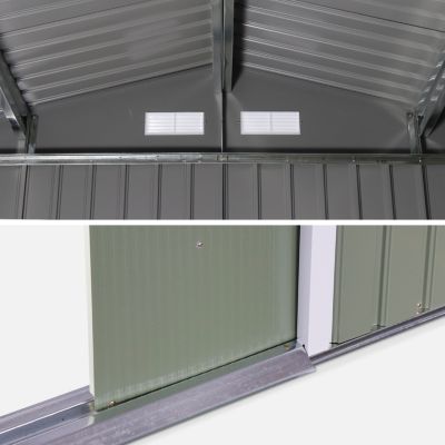 Abri de jardin en métal - FERRAIN 5.29m² vert et blanc - Cabane à outils avec deux grandes portes coulissantes. kit de fixation