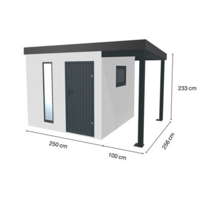 Abri de jardin en métal finition crépi 2500 x 2560 mm blanc avec auvent à droite 1000 x 2560 mm anthracite