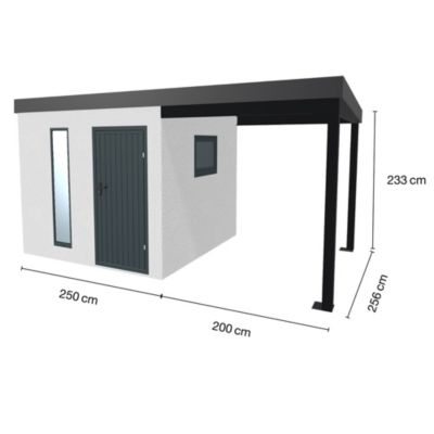 Abri de jardin en métal finition crépi  2500 x 2560 mm, blanc avec auvent à droite 2000 x 2560 mm anthracite.