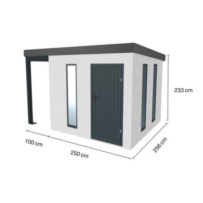 Abri de jardin en métal finition crépi 2500 x 2560 mm blanc avec auvent à gauche 1000 x 2560 mm anthracite