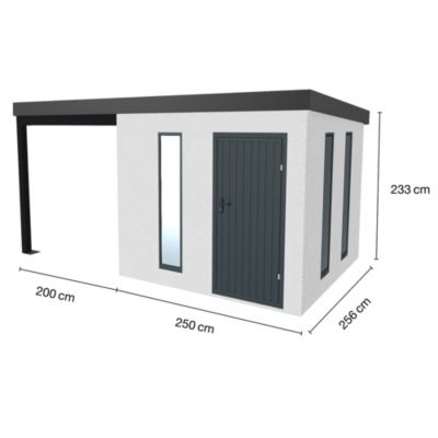 Abri de jardin en métal finition crépi 2500 x 2560 mm blanc avec auvent à gauche 2000 x 2560 mm anthracite.