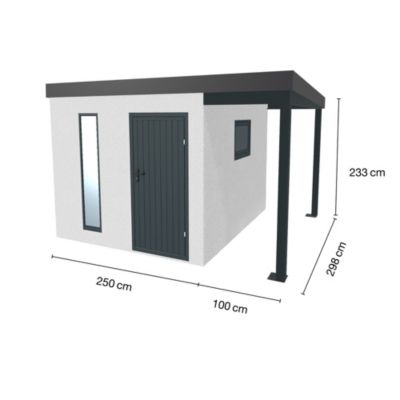 Abri de jardin en métal finition crépi 2500 x 2980 mm blanc avec auvent à droite 1000 x 2980 mm anthracite