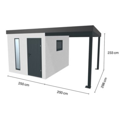 Abri de jardin en métal finition crépi 2500 x 2980 mm blanc avec auvent à droite 2000 x 2980 mm anthracite.