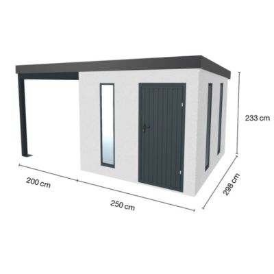 Abri de jardin en métal finition crépi 2500 x 2980 mm blanc avec auvent à gauche 2000 x 2980 mm anthracite.