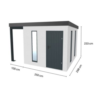 Abri de jardin en métal finition crépi  2500 x 2980 mm blanc avec toit à ouverture à gauche 1000 x 2980 mm anthracite