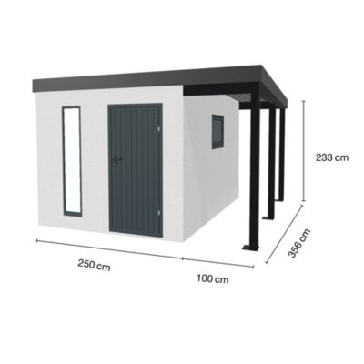 Abri de jardin en métal finition crépi 2500 x 3560 mm blanc avec auvent à droite 1000 x 3560 mm anthracite