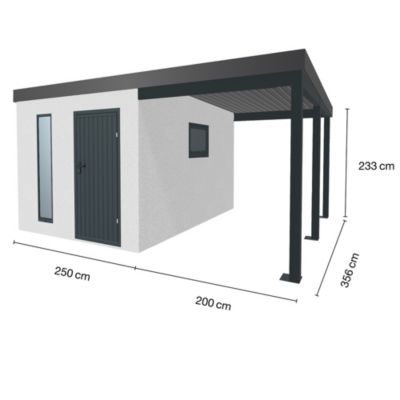 Abri de jardin en métal finition crépi 2500 x 3560 mm blanc avec auvent à droite 2000 x 3560 mm anthracite