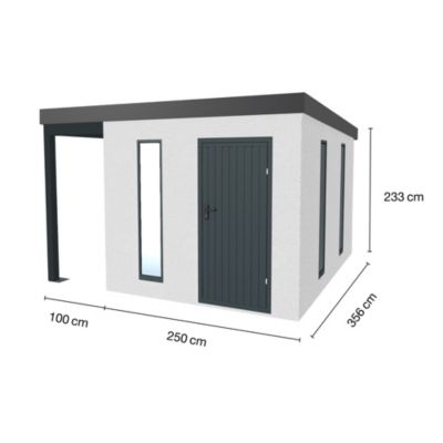 Abri de jardin en métal finition crépi  2500 x 3560 mm blanc avec auvent à gauche 1000 x 3560 mm anthracite