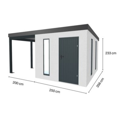 Abri de jardin en métal finition crépi 2500 x 3560 mm blanc avec auvent à gauche 2000 x 3560 mm anthracite