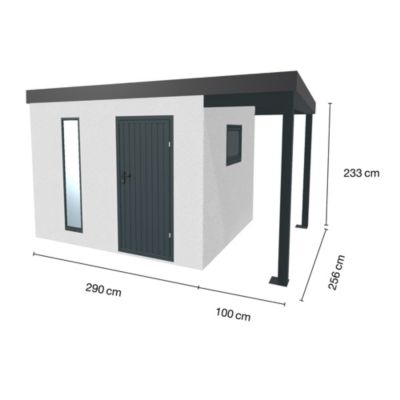 Abri de jardin en métal finition crépi 2900 x 2560 mm blanc avec auvent à droite 1000 x 2560 mm anthracite