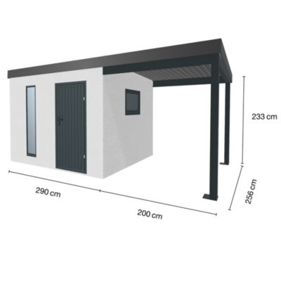 Abri de jardin en métal finition crépi 2900 x 2560 mm blanc avec auvent à droite 2000 x 2560 mm anthracite