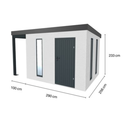 Abri de jardin en métal finition crépi 2900 x 2560 mm blanc avec auvent à gauche 1000 x 2560 mm anthracite
