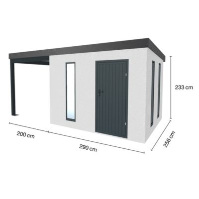 Abri de jardin en métal finition crépi 2900 x 2560 mm blanc avec auvent à gauche 2000 x 2560 mm anthracite