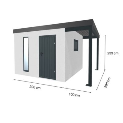 Abri de jardin en métal finition crépi 2900 x 2980 mm blanc avec auvent à droite 1000 x 2980 mm anthracite