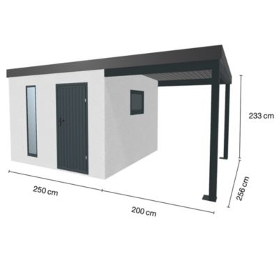 Abri de jardin en métal finition crépi 2900 x 2980 mm blanc avec auvent à droite 2000 x 2980 mm anthracite