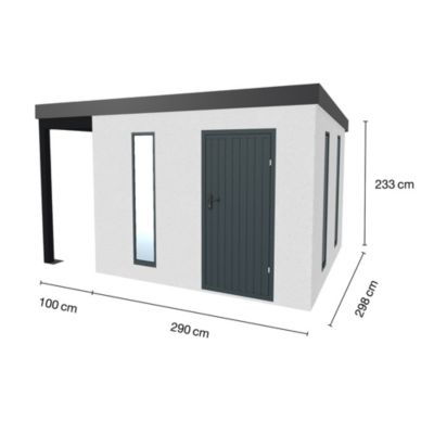 Abri de jardin en métal finition crépi 2900 x 2980 mm blanc avec auvent à gauche 1000 x 2980 mm anthracite