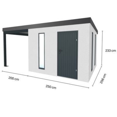 Abri de jardin en métal finition crépi 2900 x 2980 mm blanc avec auvent à gauche 2000 x 2980 mm anthracite