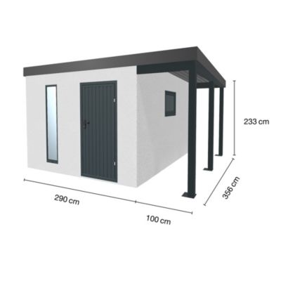Abri de jardin en métal finition crépi 2900 x 3560 mm blanc avec auvent à droite 1000 x 3560 mm anthracite