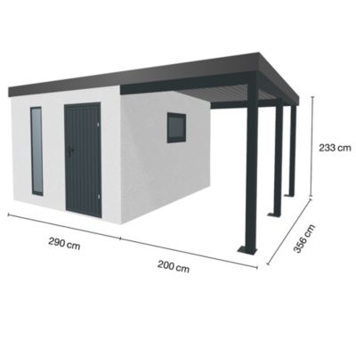 Abri de jardin en métal finition crépi 2900 x 3560 mm blanc avec auvent à droite 2000 x 3560 mm anthracite