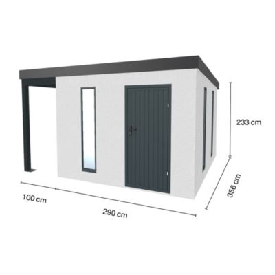 Abri de jardin en métal finition crépi 2900 x 3560 mm blanc avec auvent à gauche 1000 x 3560 mm anthracite