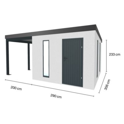 Abri de jardin en métal finition crépi 2900 x 3560 mm blanc avec auvent à gauche 2000 x 3560 mm anthracite