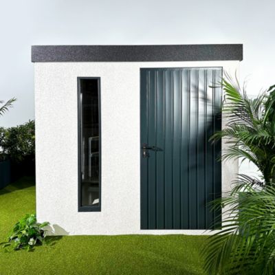 Abri de jardin en métal finition crépi 2900 x 3560 mm blanc avec auvent à gauche 2000 x 3560 mm anthracite