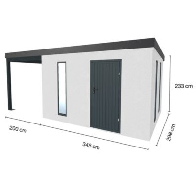 Abri de jardin en métal finition crépi 3450 x 2560 mm blanc avec auvent de 2000 x 2560 mm anthracite