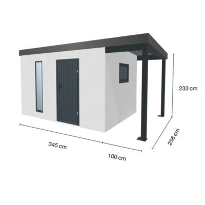 Abri de jardin en métal finition crépi 3450 x 2560 mm blanc avec auvent à droite 1000 x 2560 mm anthracite
